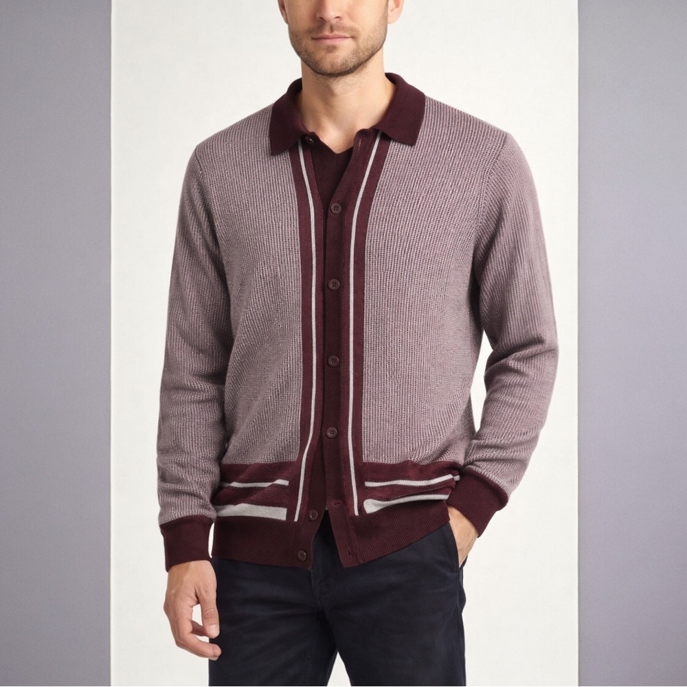 Report Collection Men’s Knit Button-Down Polo Sweater Burgundy large